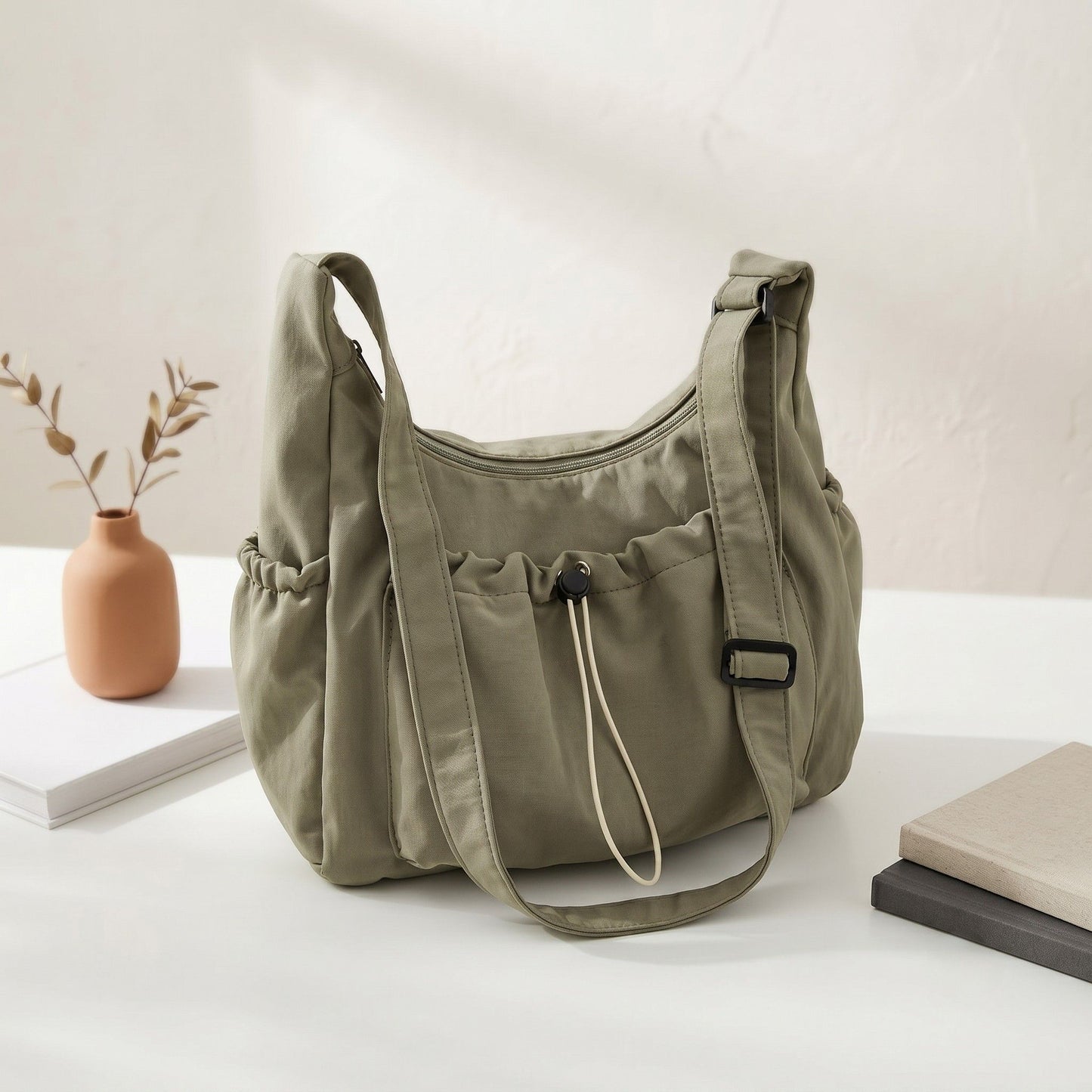 Crossbody Hobo Shoulder Bag with Adjustable Strap Zip Closure and Side Pockets