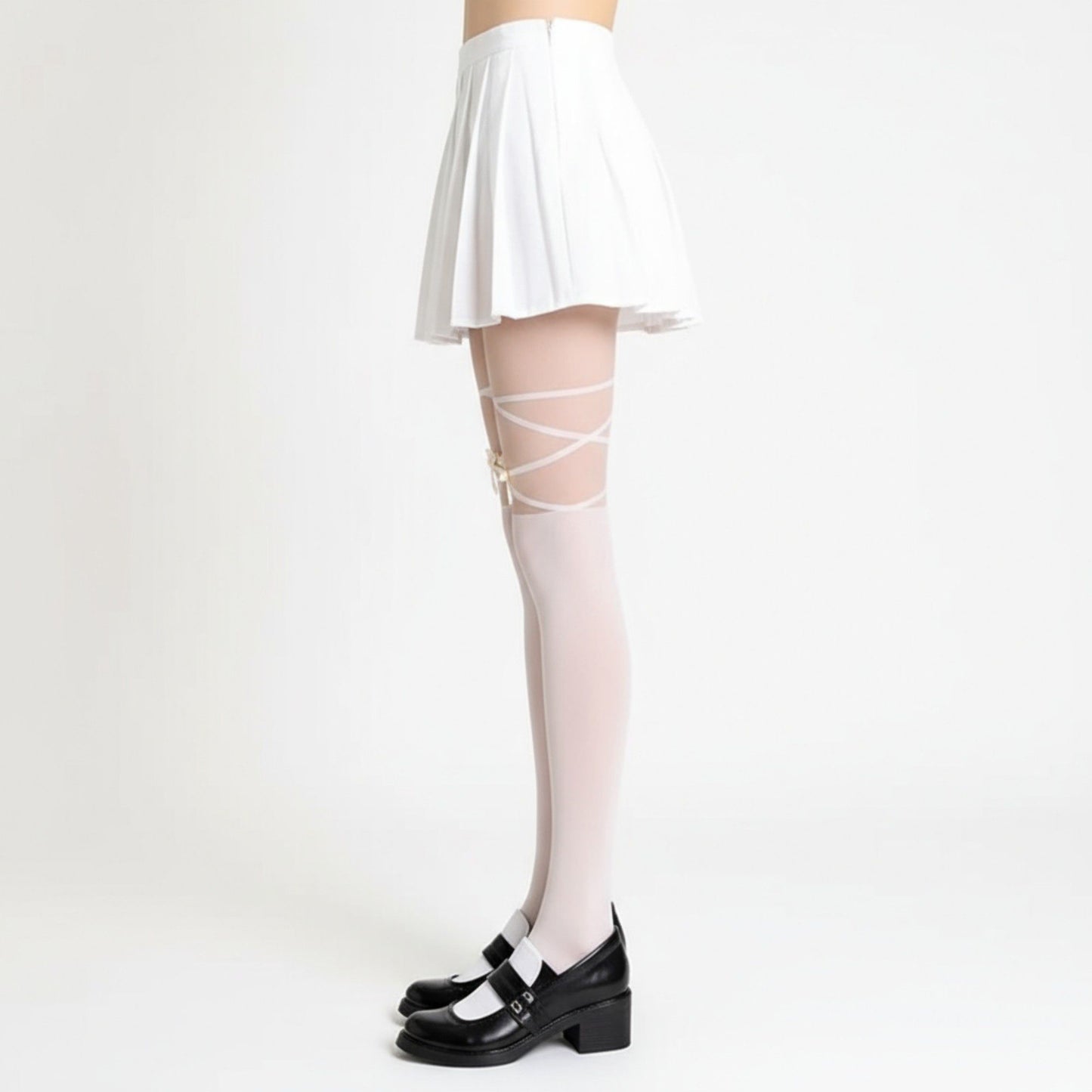 Sheer Tights with Crisscross Lace-Up Detail and Opaque Lower Leg Design