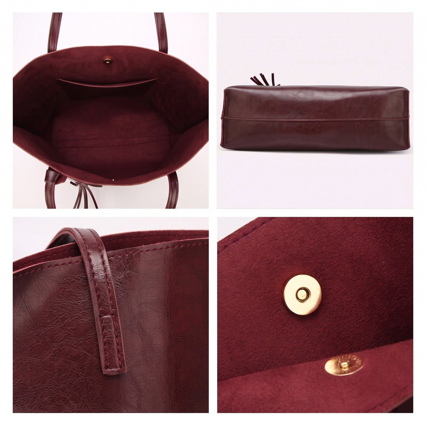 Large Faux Leather Shoulder Tote Bag with Tassel and Magnetic Snap Closure