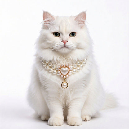 Double Strand Faux Pearl Pet Necklace Heart Gem Pendant Adjustable Collar Jewelry for Cats and Small Dogs