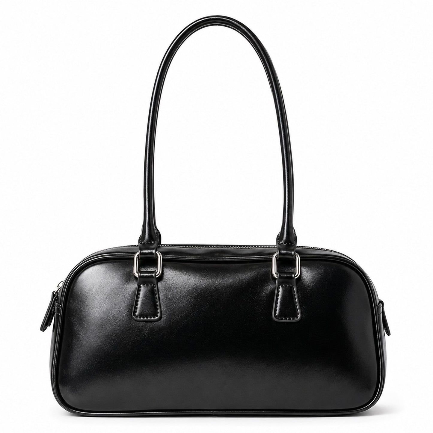 East West Faux Leather Bowler Shoulder Bag with Double Handles and Zip Closure