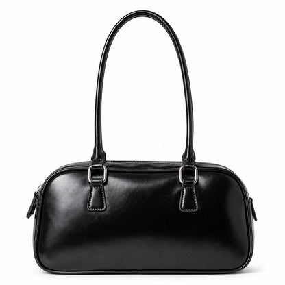 East West Faux Leather Bowler Shoulder Bag with Double Handles and Zip Closure