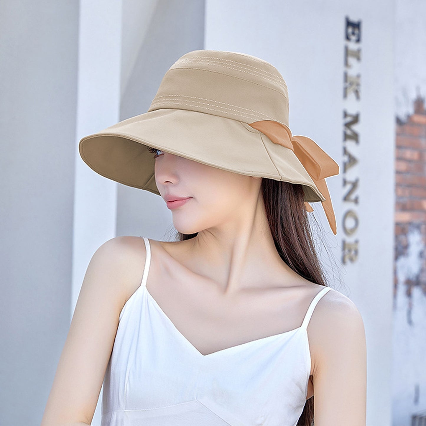 Foldable Wide - Brim Sun Hat with Bow Accent