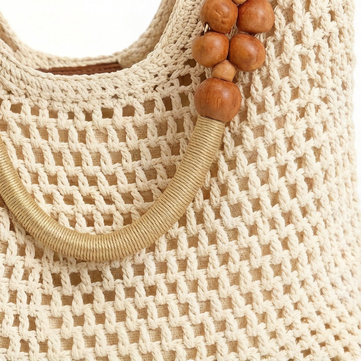 Crochet Hobo Shoulder Bag Wooden Bead Handle Open Weave Knit Handbag Slouchy Summer Carryall Lightweight Tote