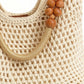 Crochet Hobo Shoulder Bag Wooden Bead Handle Open Weave Knit Handbag Slouchy Summer Carryall Lightweight Tote
