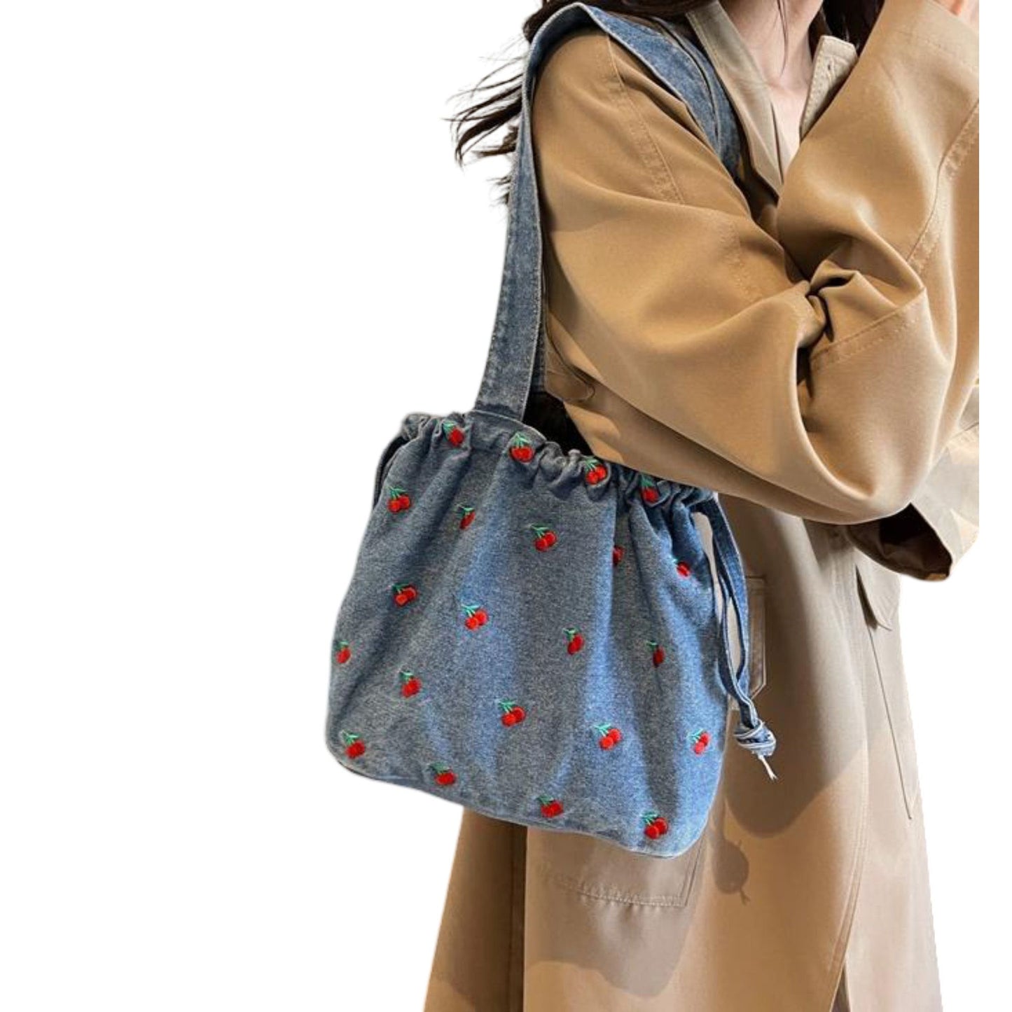 Embroidered Cherry Denim Drawstring Bag with Fixed Shoulder Strap