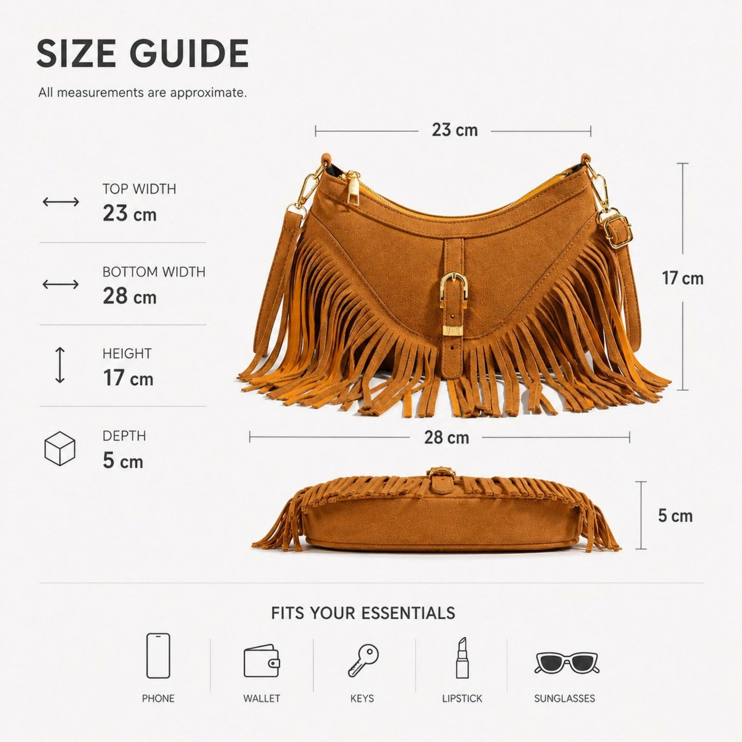Studded Fringe Crossbody Bag Suede Look Crescent Shoulder Purse with Adjustable Strap