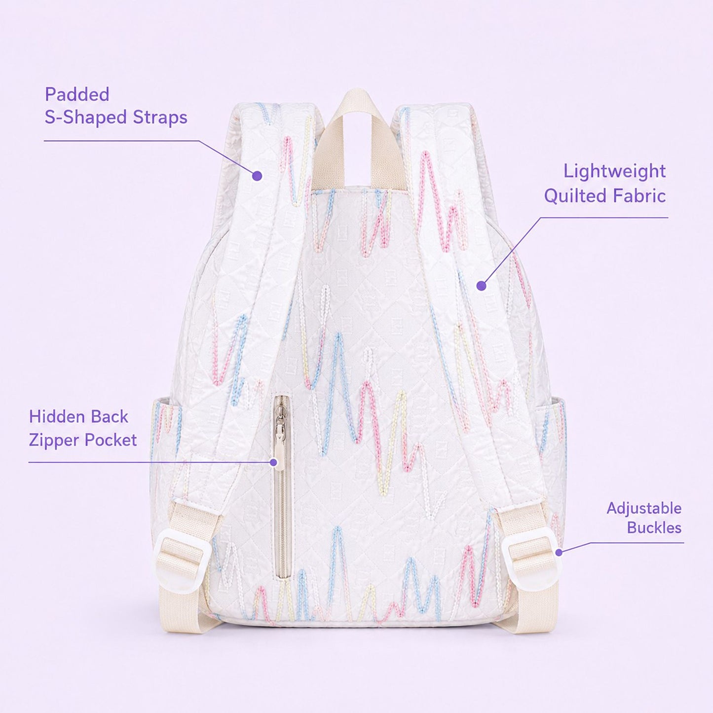 Quilted Backpack with Embroidered Pattern and Multiple Pockets