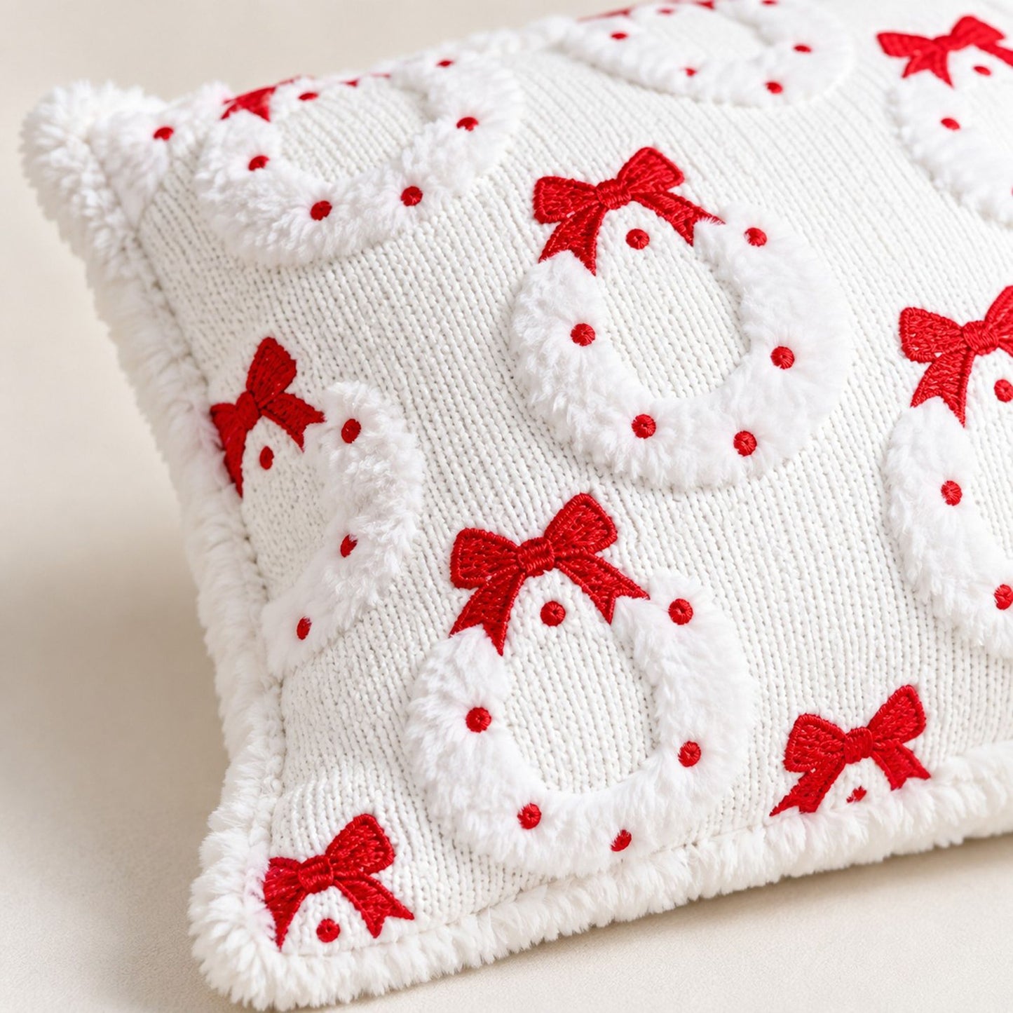 Christmas Wreath Bow Tufted Decorative Throw Pillow Cover