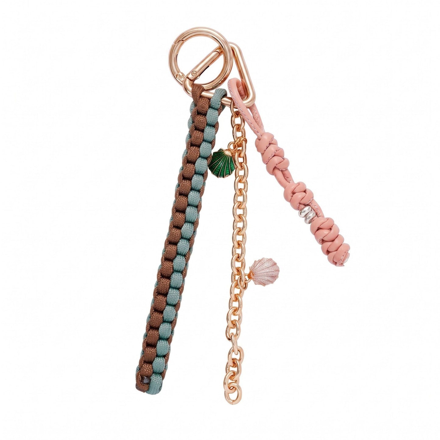 Multi-Strand Braided Cord and Shell Bag Charm Keychain