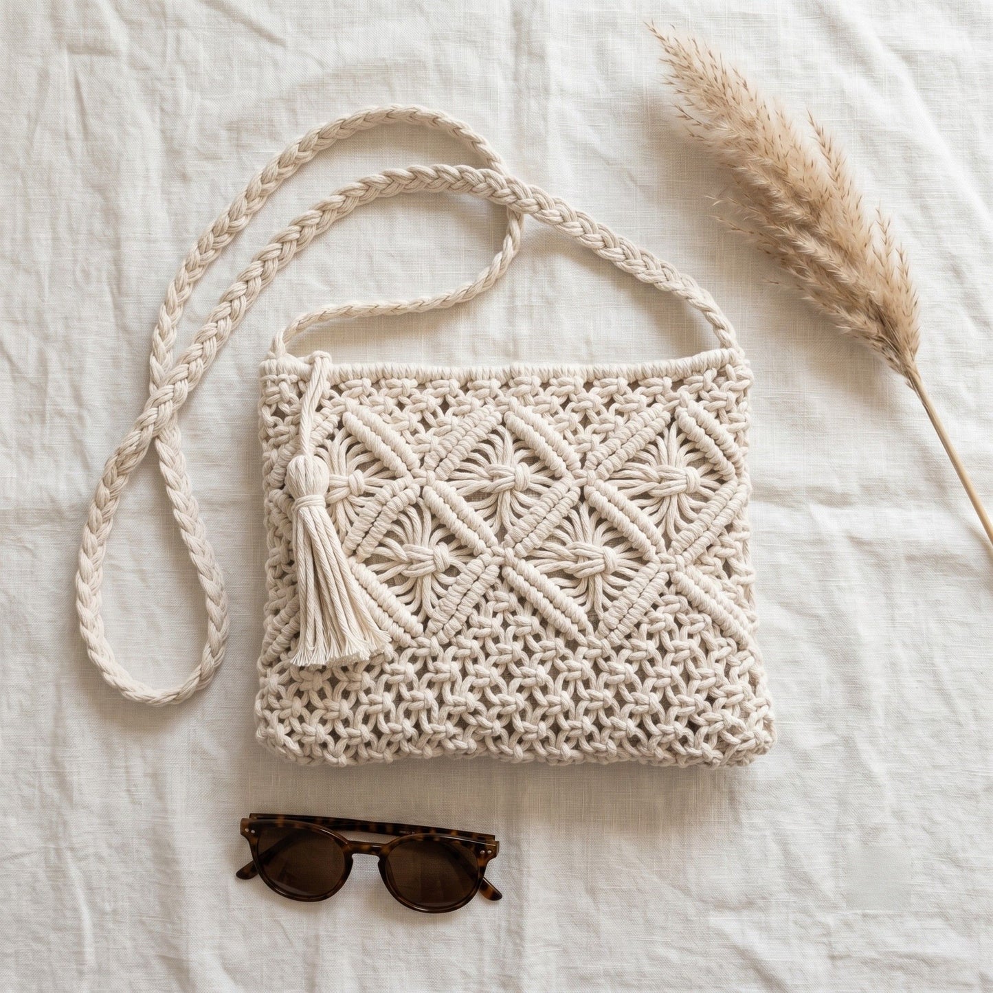 Macrame Crossbody Bag with Zip Closure and Interior Slip Pocket