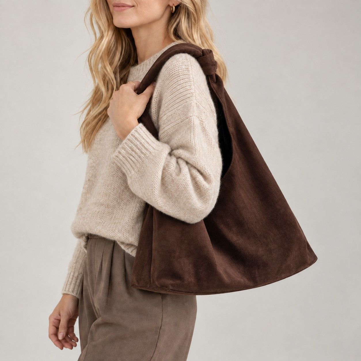 Large Suede Look Hobo Shoulder Bag with Knotted Strap and Magnetic Closure