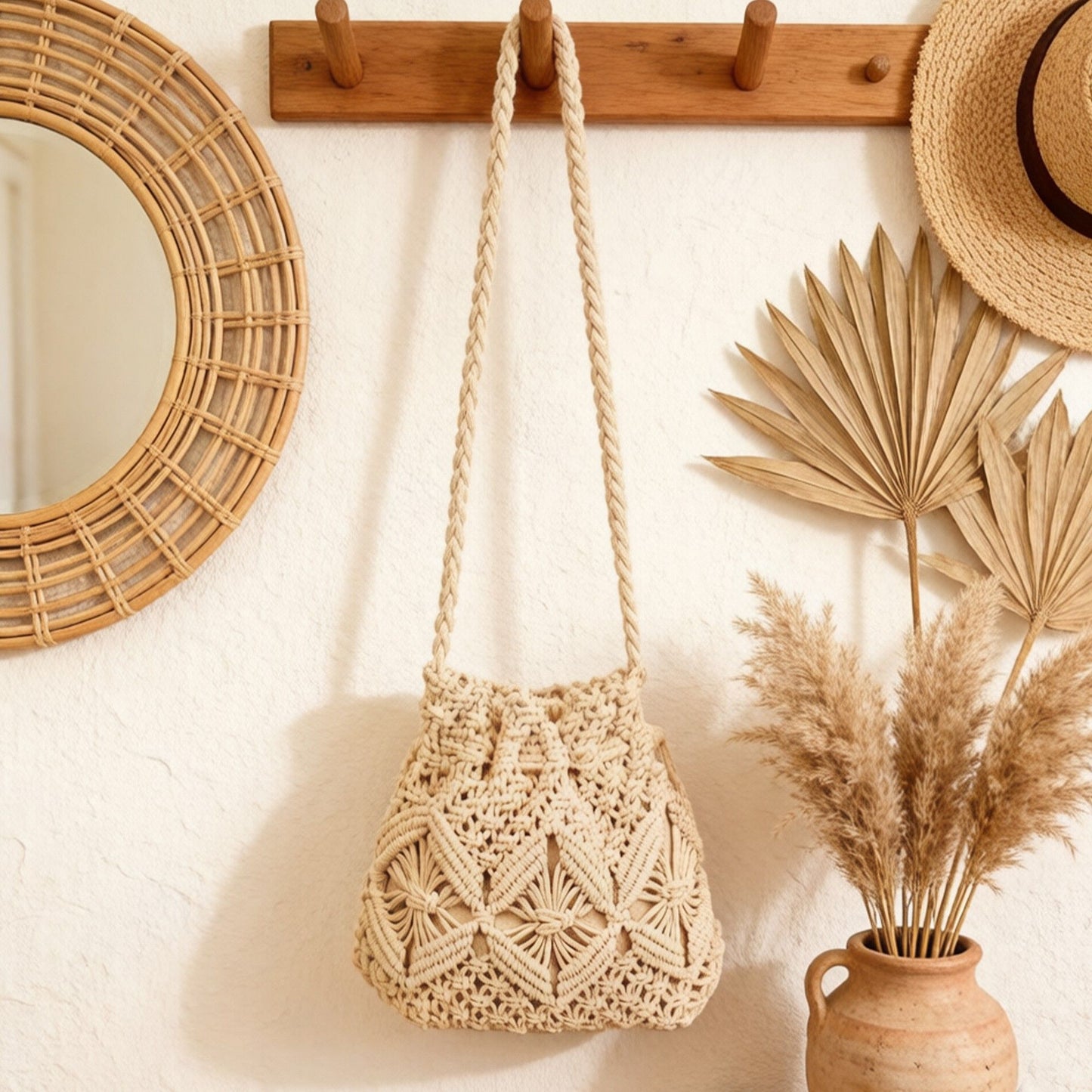 Macrame Bucket Bag Knotted Rope Handbag Drawstring Shoulder Bag Textured Woven Crossbody Style Lightweight Boho Purse