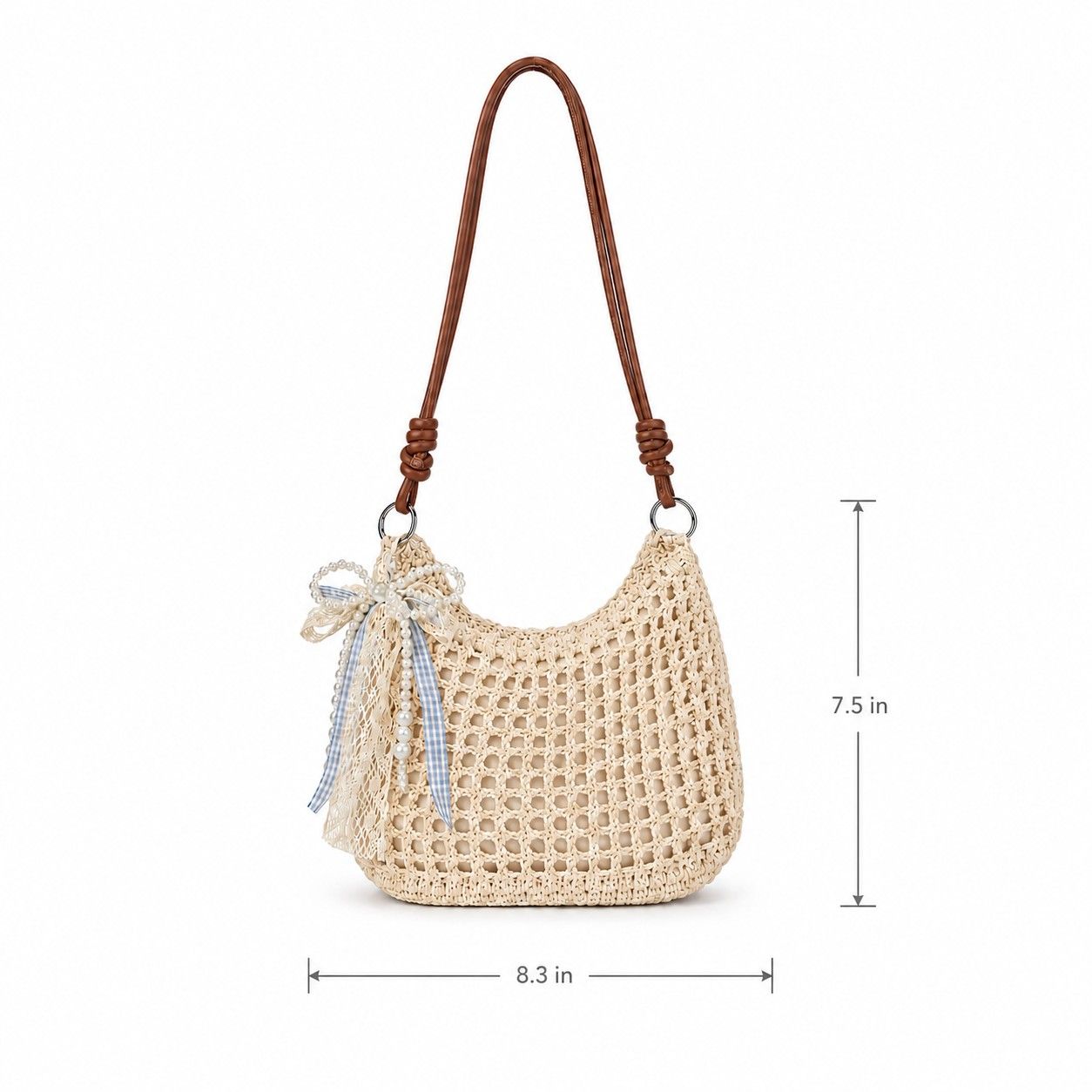Decorative Woven Crossbody Bag with Pearl Charm, Scarf Accent and Zip Closure