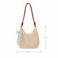 Decorative Woven Crossbody Bag with Pearl Charm, Scarf Accent and Zip Closure