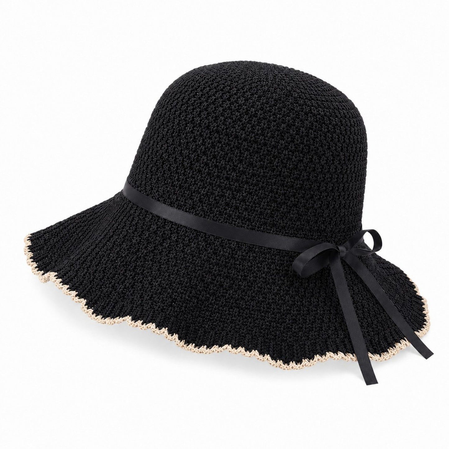 Woven Bucket Hat with Scalloped Brim Ribbon Band and Bow Tie Accent