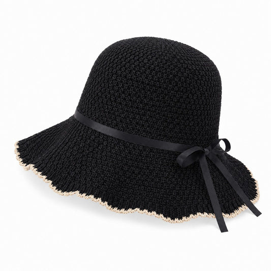 Woven Bucket Hat with Scalloped Brim Ribbon Band and Bow Tie Accent