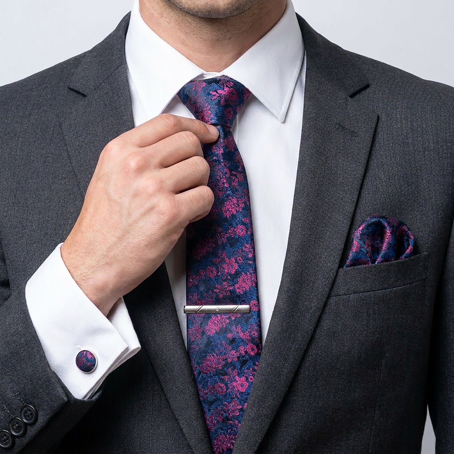 Men's Rose Floral Tie Gift Set with Matching Pocket Square Cufflinks and Silver Tie Clip