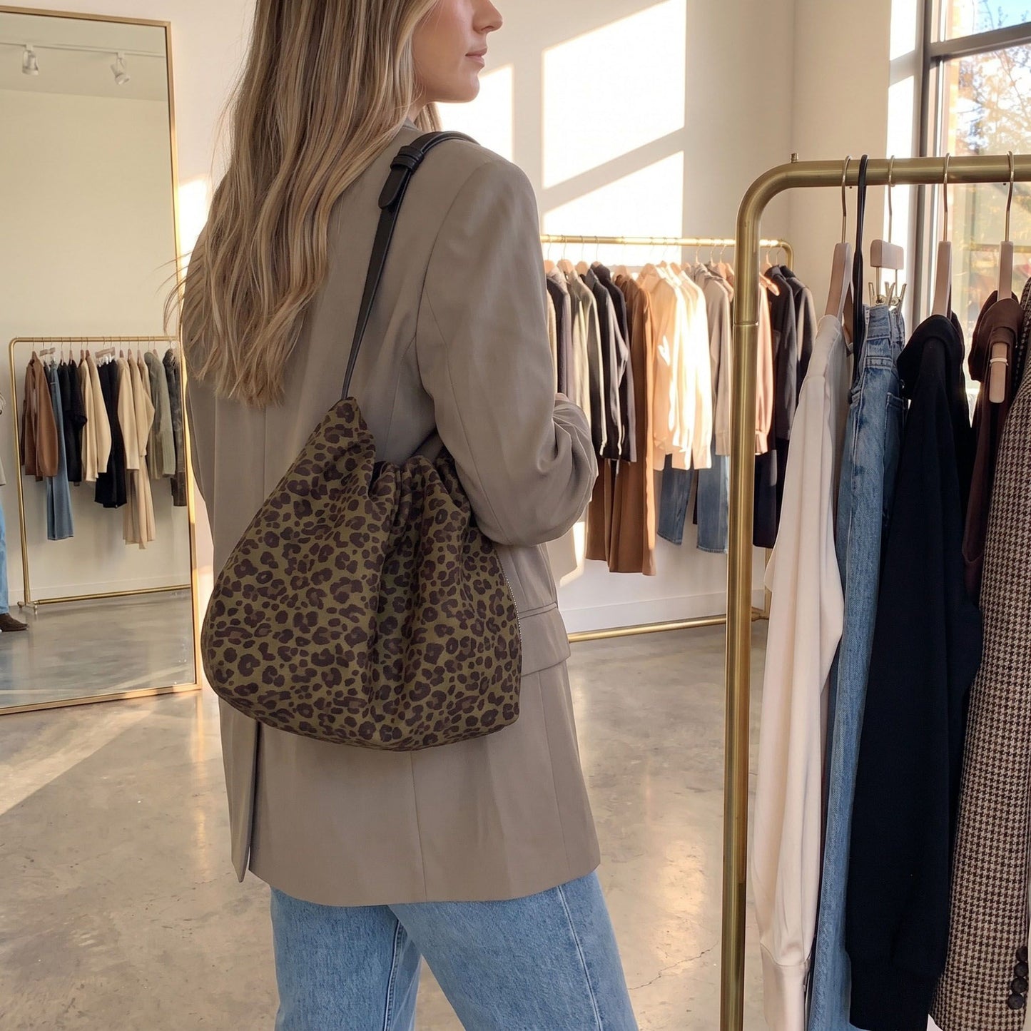 Leopard Print Hobo Shoulder Bag with Adjustable Strap Brown