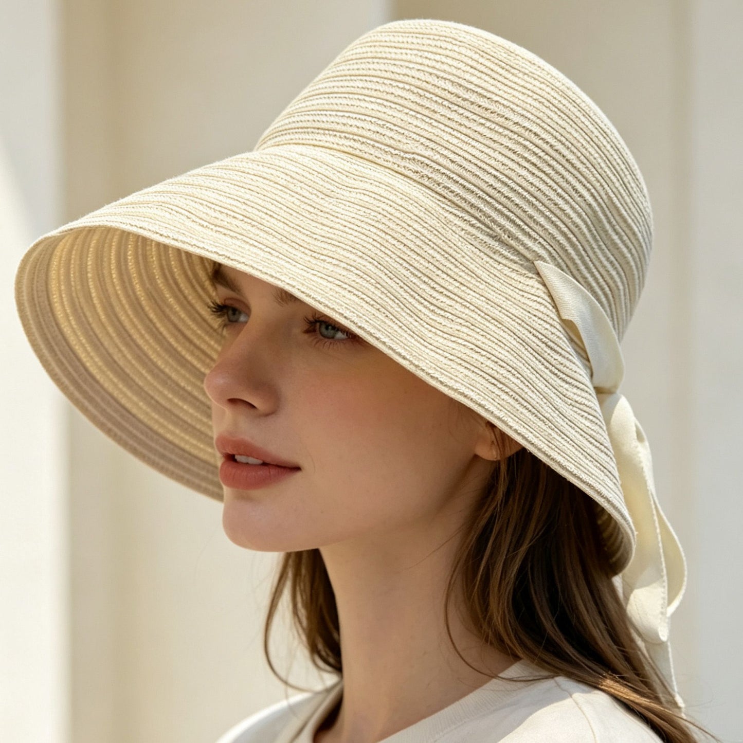 Striped Wide Brim Sun Hat with Tie Back