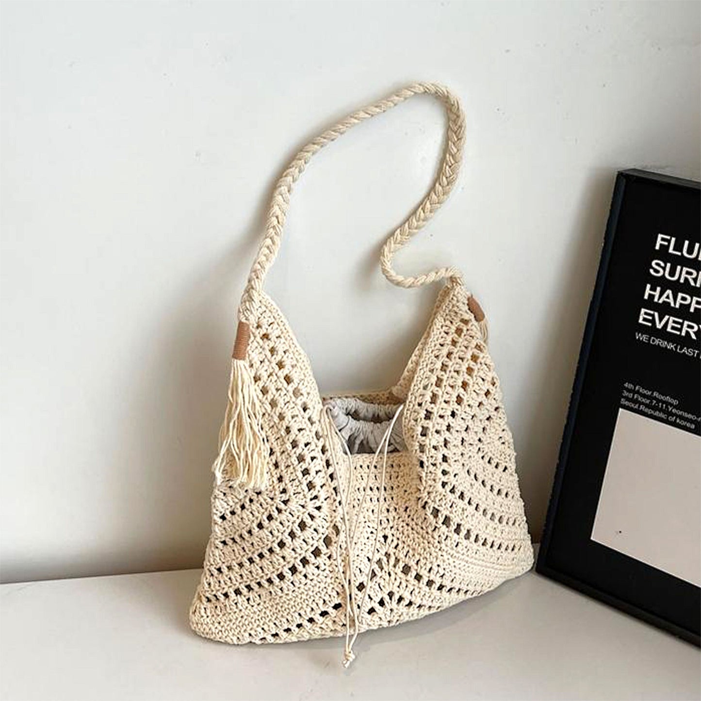 Woven Crochet Hobo Shoulder Bag with Tassel Detail Soft Knit Slouchy Tote Drawstring Style