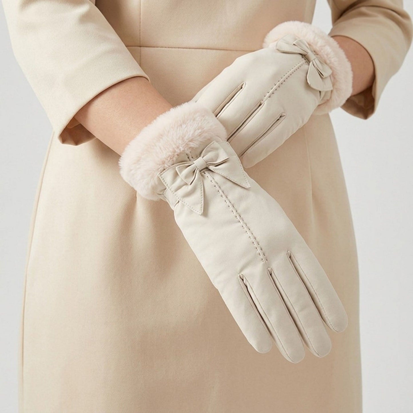 Winter Gloves with Faux Fur Cuffs and Bow Detail 9.8 x 4.7in