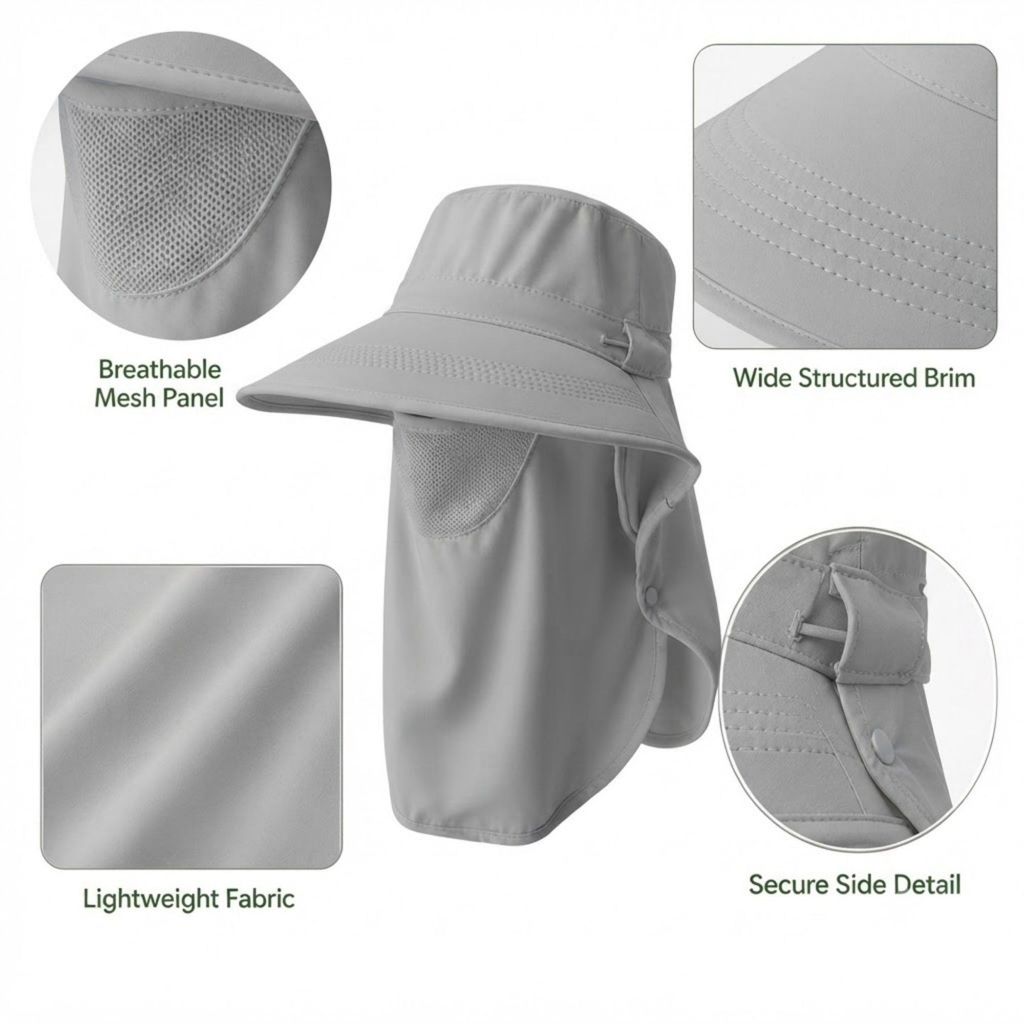 Wide Brim Sun Hat with Neck Flap Breathable Mesh Panel and Lightweight Outdoor Design