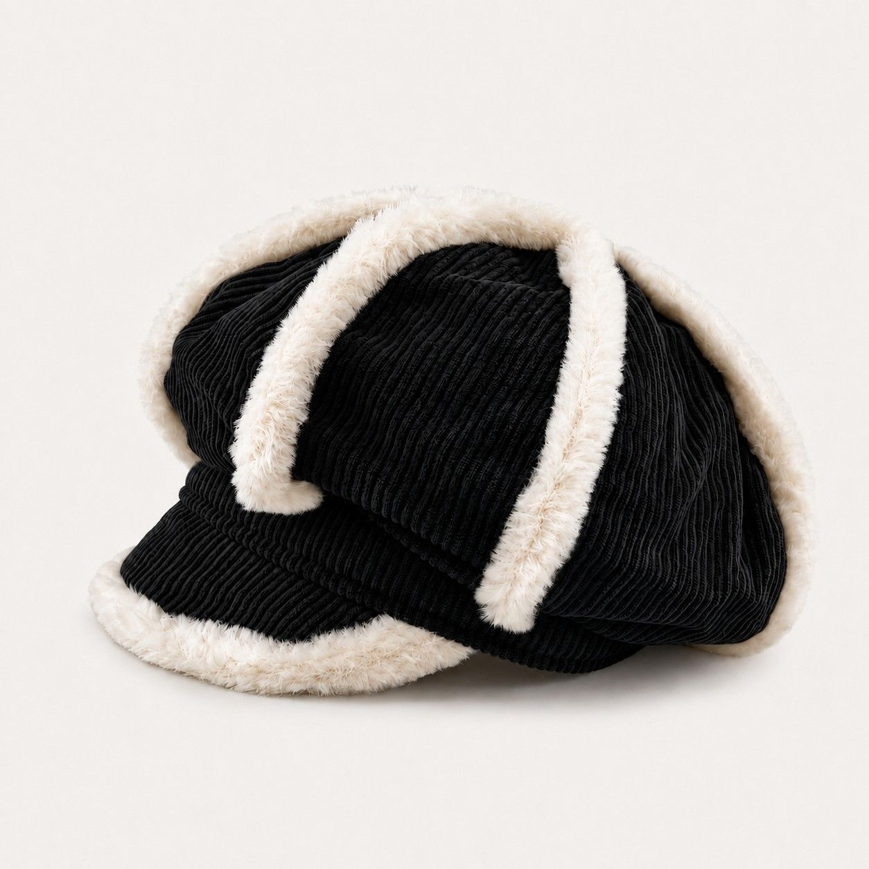 Corduroy Newsboy Cap Faux Fur Trim Baker Boy Hat Warm Casual Style