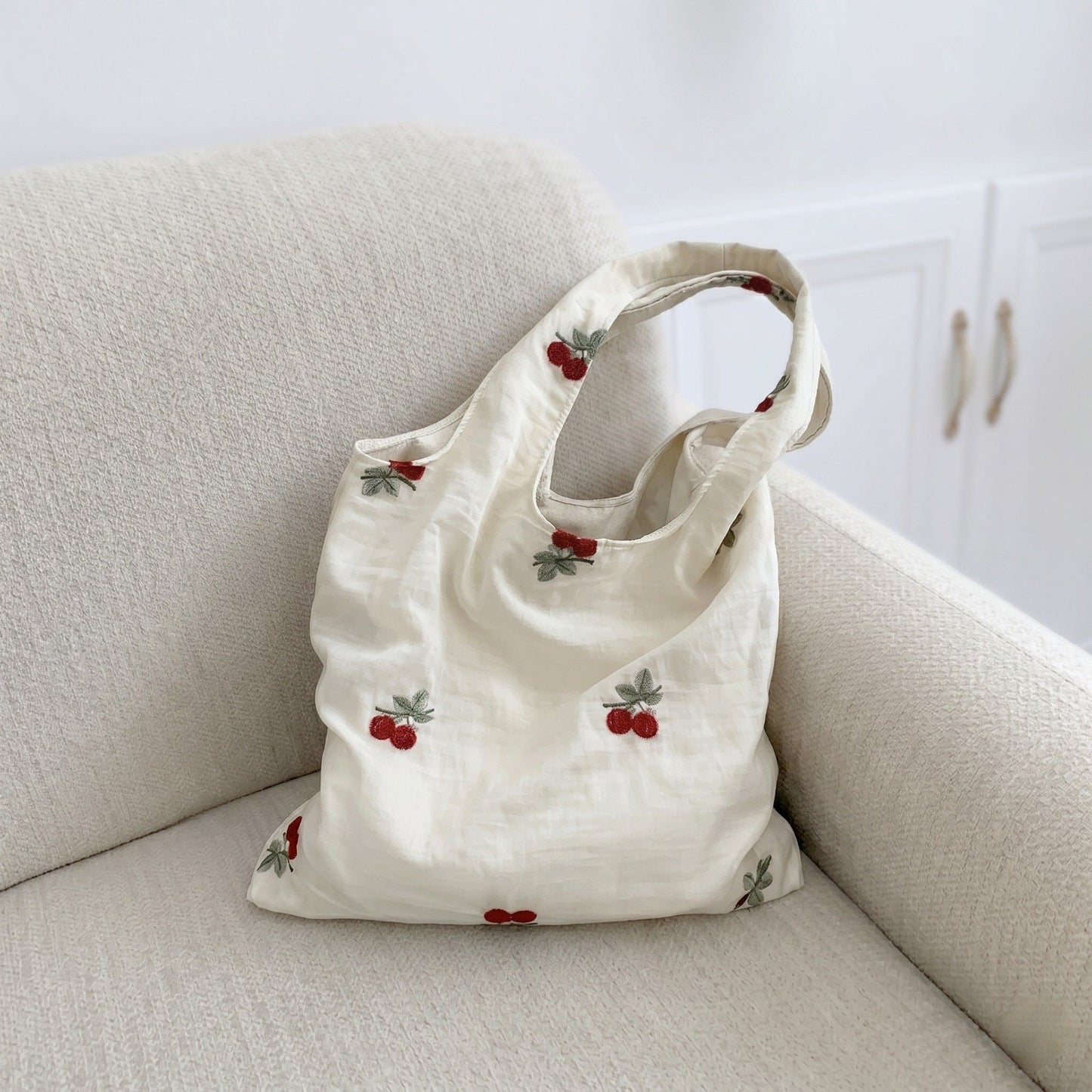 Cherry Embroidered Slouchy Shoulder Tote Bag Soft Lightweight Fabric Everyday Carryall86