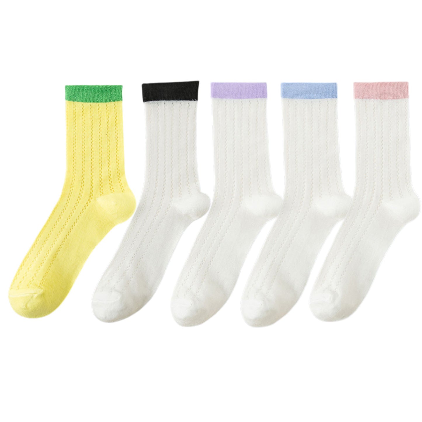 5 Pairs Women's Breathable Lace-Knit Crew Socks with Colored Cuffs Soft Lightweight Anti-Odor for Casual Wear