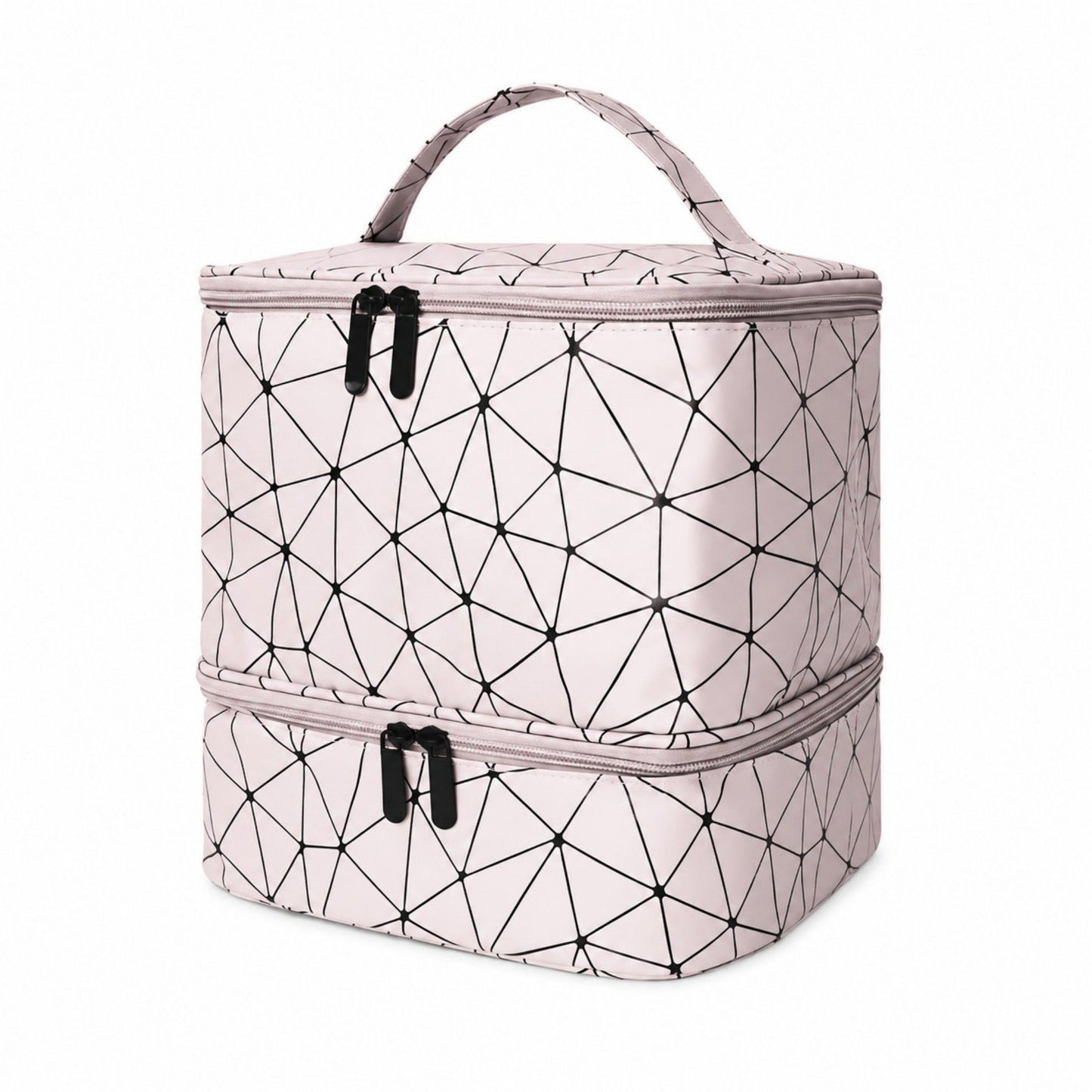 Two-Tier Cosmetic Organizer Bag with Geometric Print Dual Zippers Carry Handle and Interior Pockets