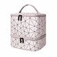 Two-Tier Cosmetic Organizer Bag with Geometric Print Dual Zippers Carry Handle and Interior Pockets