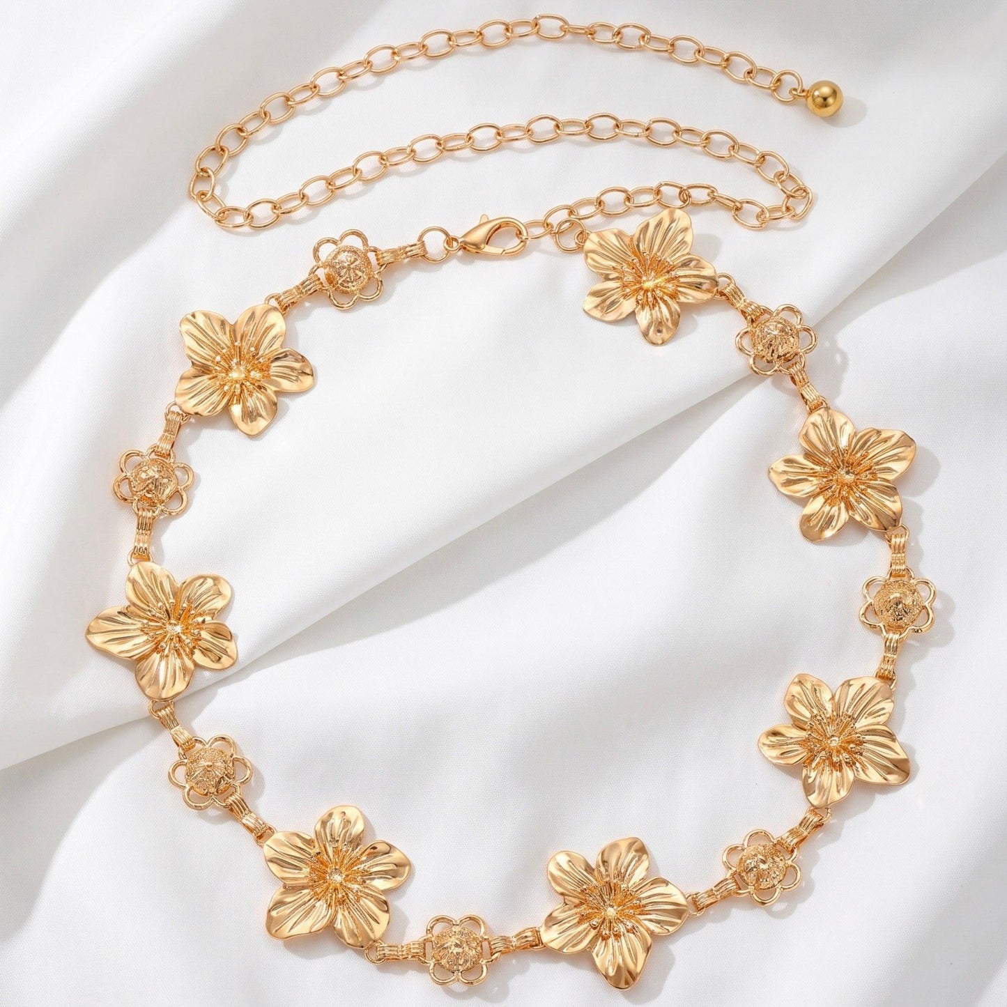 Multi Floral Metal Waist Chain Adjustable Botanical Statement Waist Jewelry 43.3in