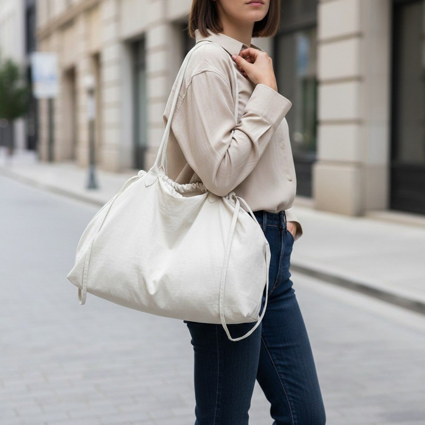 Nylon Drawstring Shoulder Tote Bag with Soft Slouchy Silhouette and Long Carry Straps