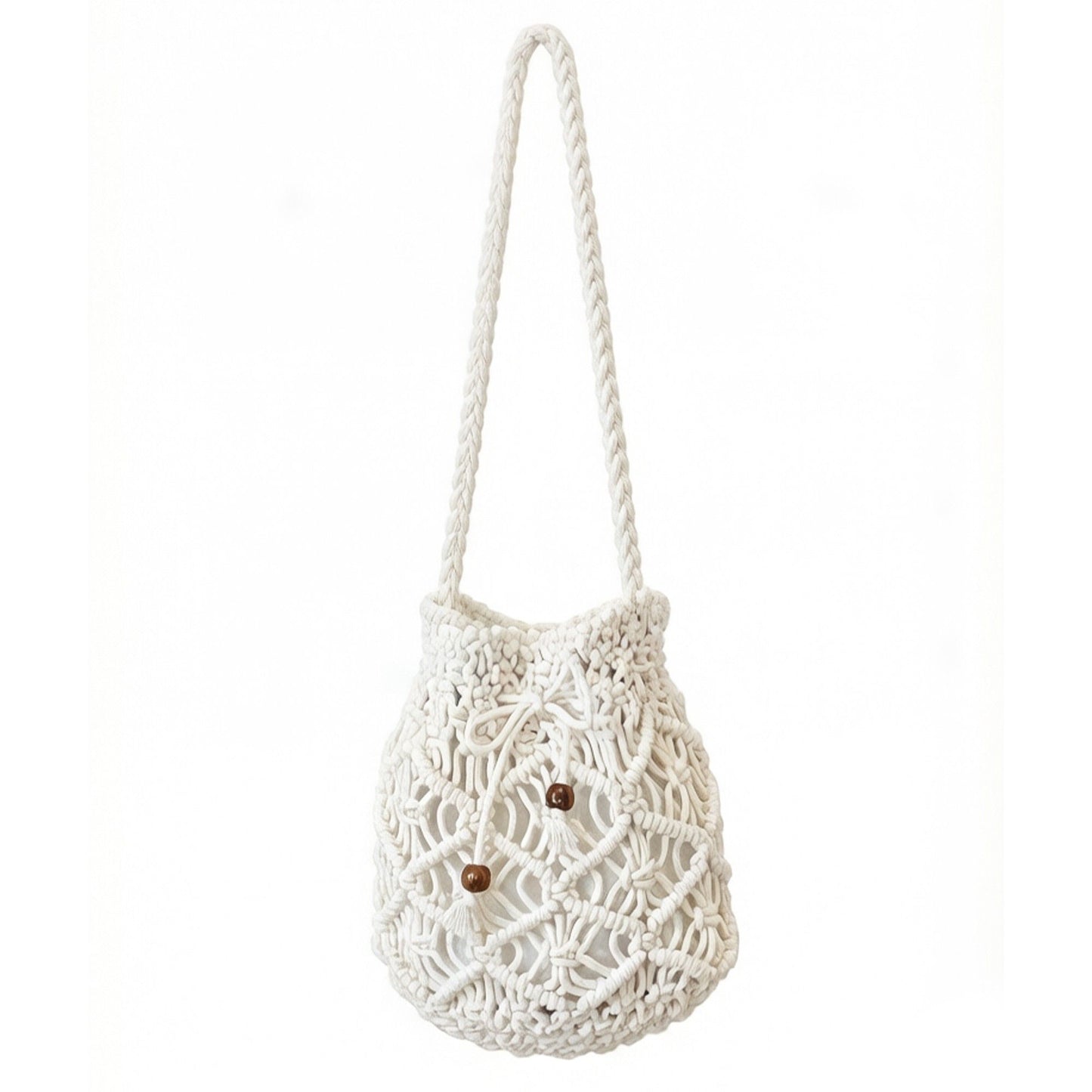 Open Knit Crochet Shoulder Bag with Drawstring Closure Lightweight Handwoven Mesh Tote Handbag