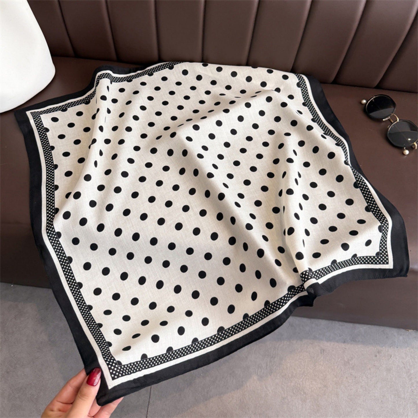 Polka Dot Satin Square Scarf with Contrasting Border Trim 27x27in