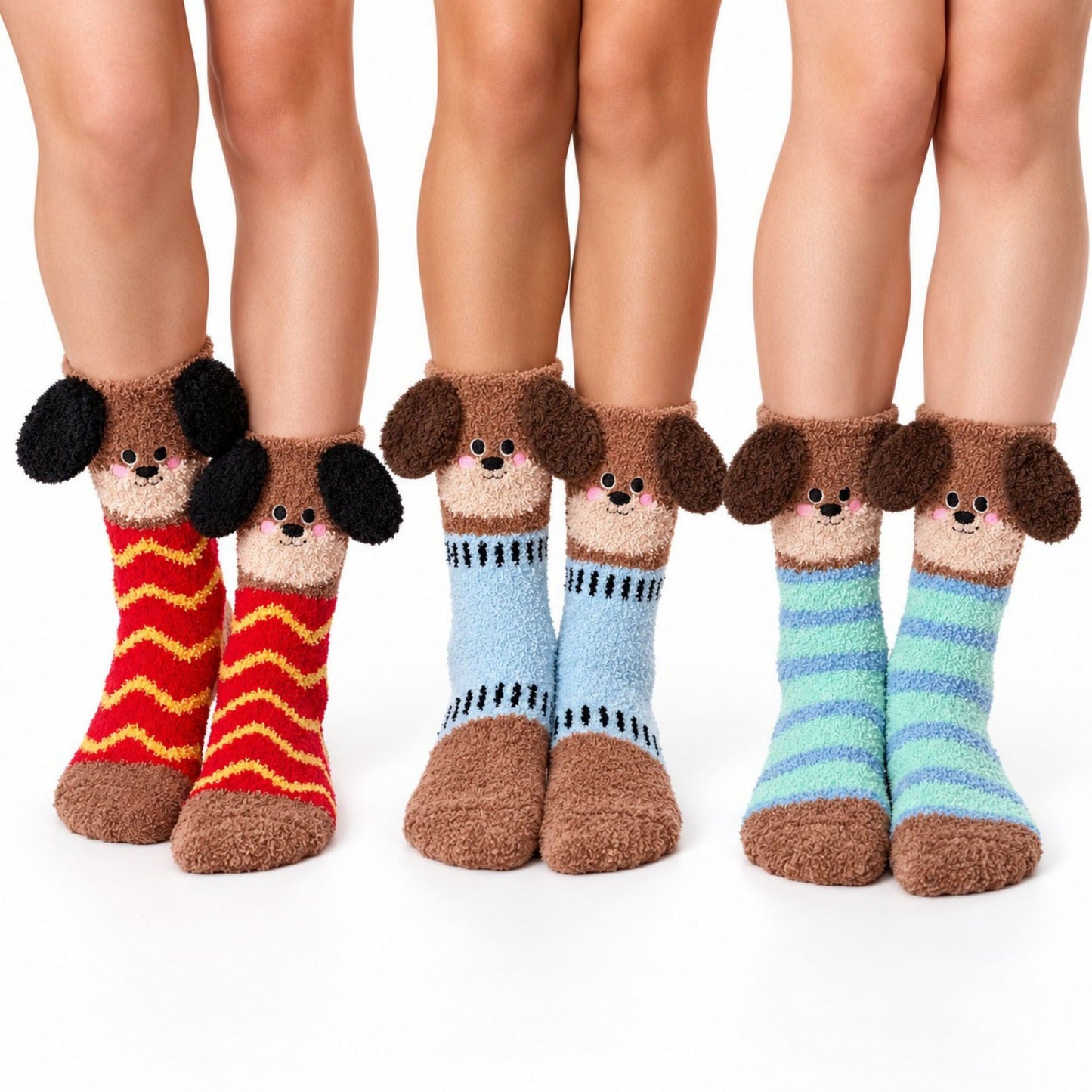 Puppy Fuzzy Crew Socks 3-Pair Set US 5-10.5