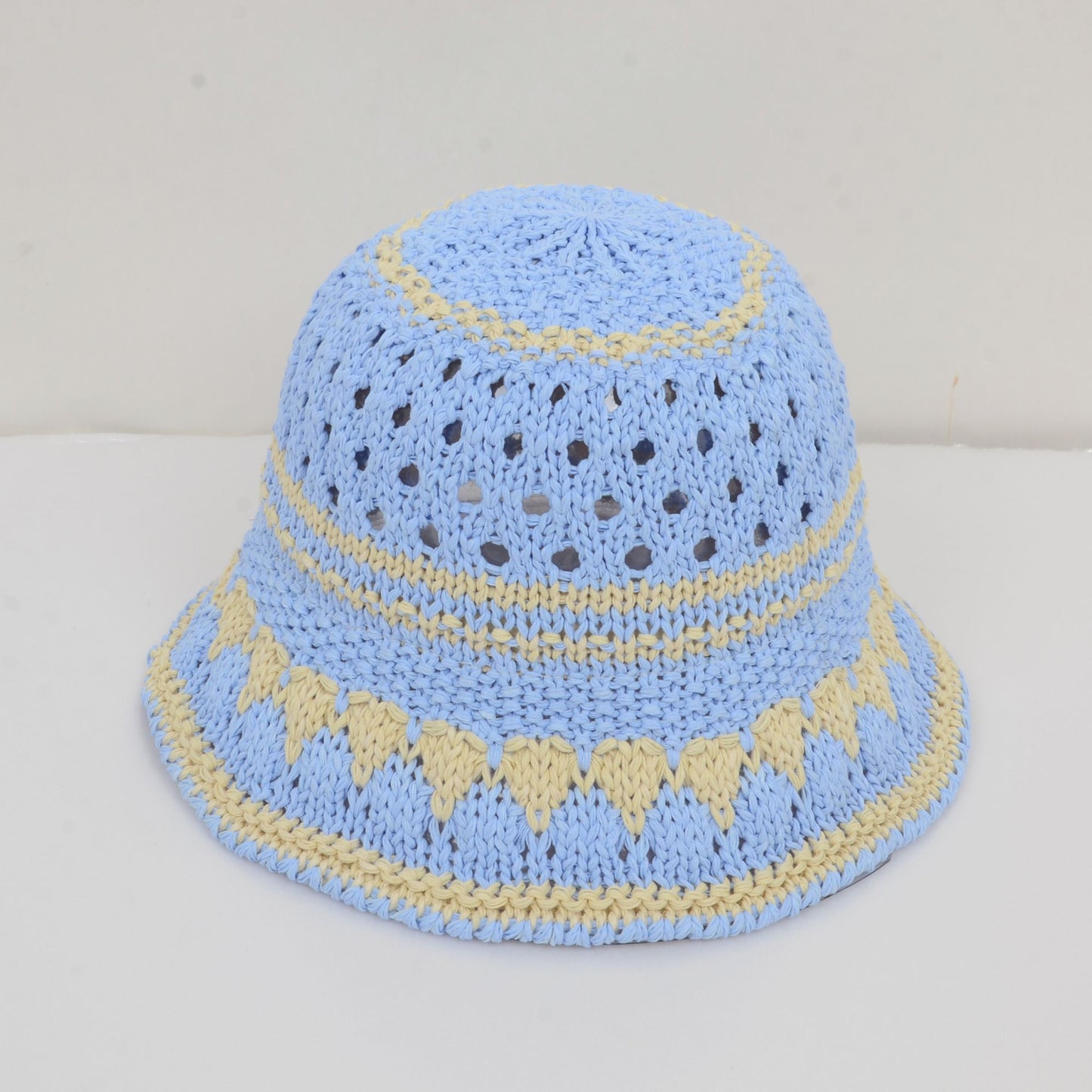 Crochet Knit Bucket Hat with Openwork Floral Pattern and Rolled Brim for Lightweight Summer Style