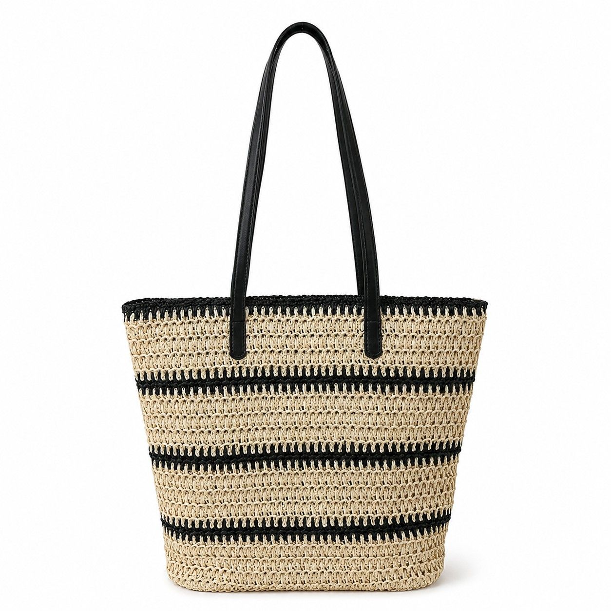 Open Weave Tote Bag with Contrast Stripe Zip Closure and Shoulder Handles