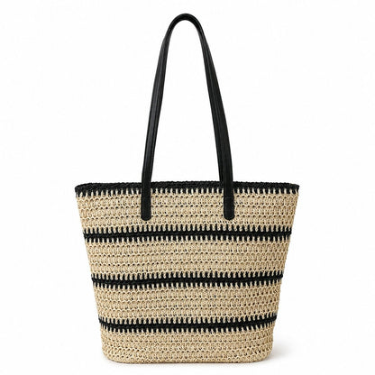 Open Weave Tote Bag with Contrast Stripe Zip Closure and Shoulder Handles