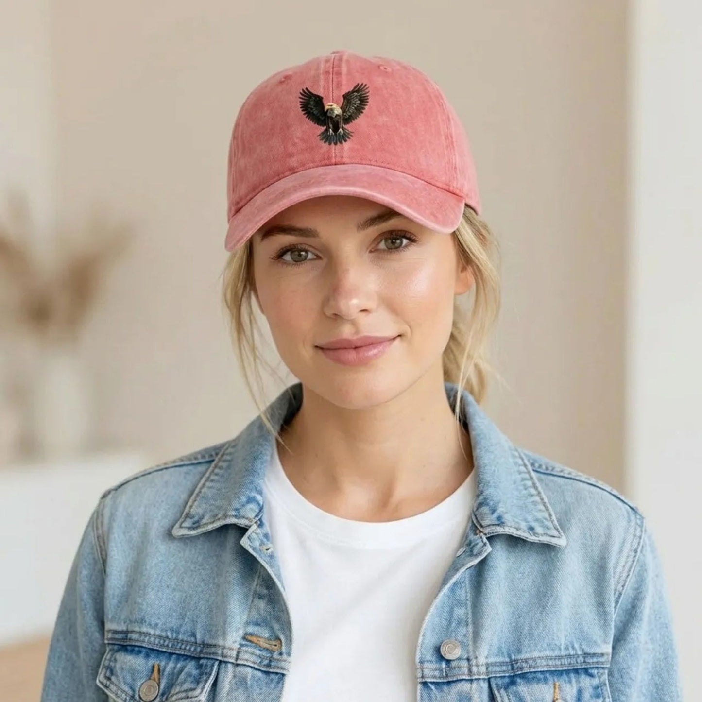 Cotton Baseball Cap with Eagle Embroidery Adjustable Strap Casual Everyday Hat