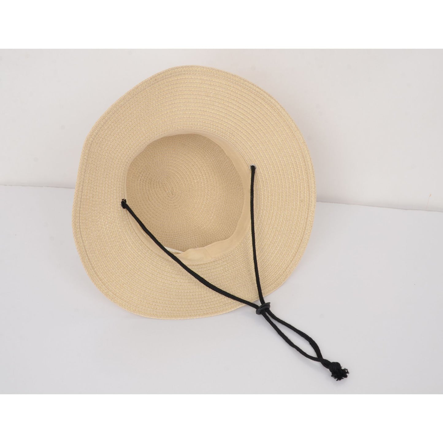 Wide Brim Straw Sun Hat with Chin Strap and Black Cord Detail for Outdoor Protection and Stylish Shade