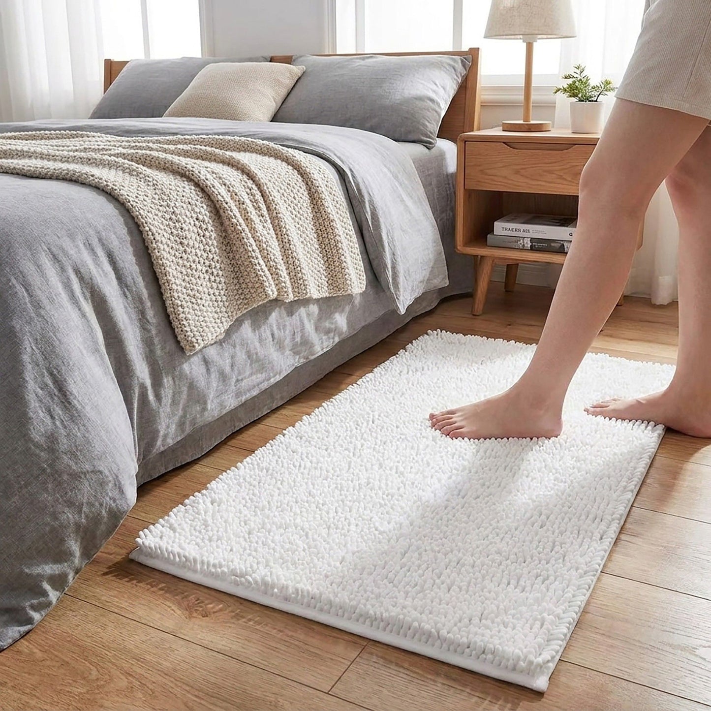 Chenille Bath Mat with Plush Noodle Texture and Non Slip Backing