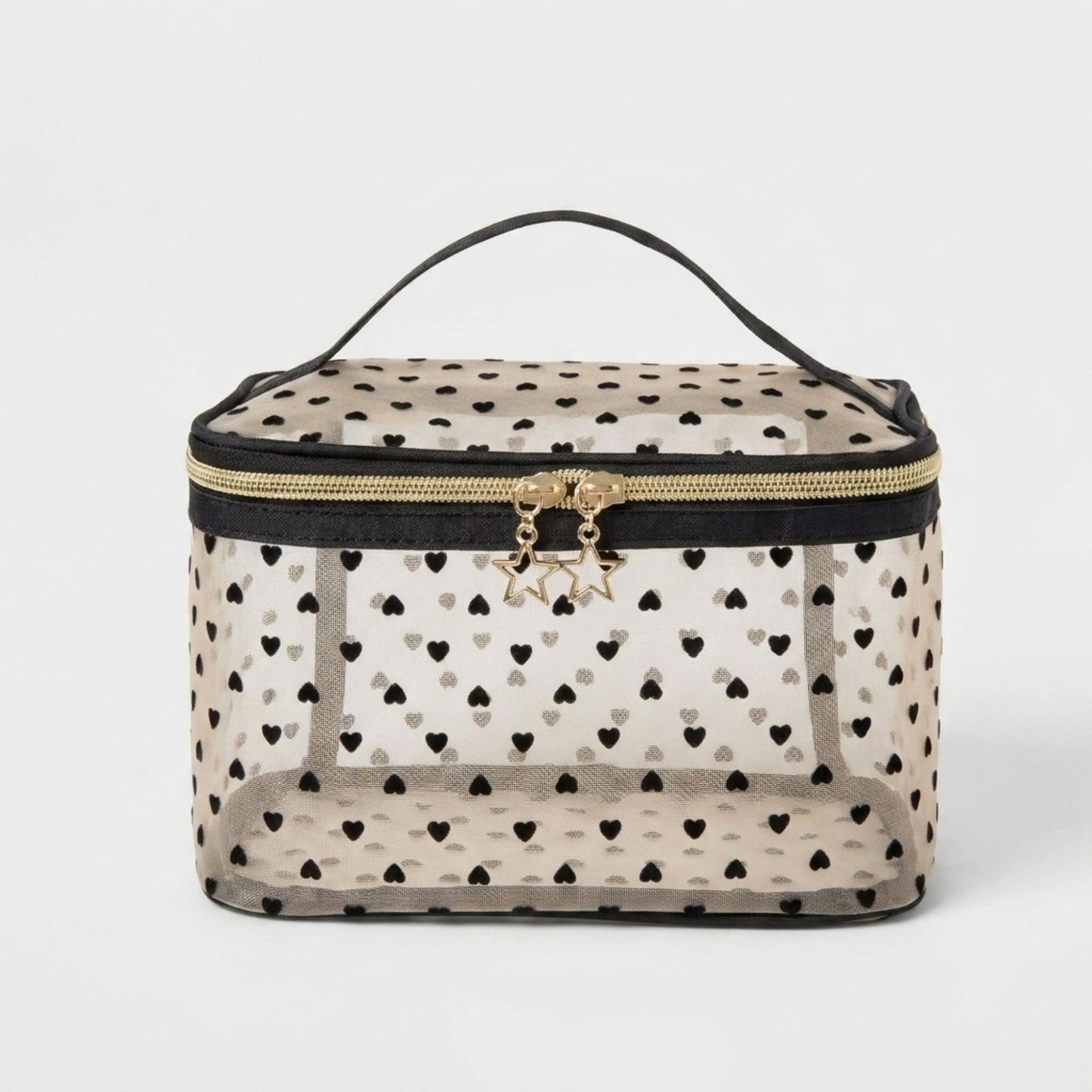 Heart Print Mesh Makeup Bag Large Travel Cosmetic Toiletry Organizer with Handle