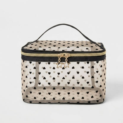 Heart Print Mesh Makeup Bag Large Travel Cosmetic Toiletry Organizer with Handle