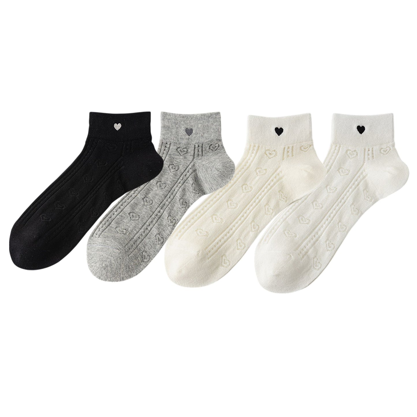 4 Pairs Heart Pattern Breathable Short Crew Socks Soft Stretch Knit Design Multiple Color Options