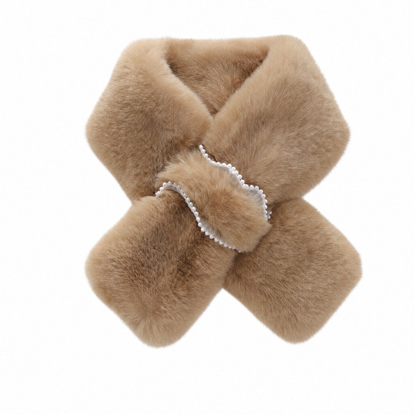 Plush Faux Fur Scarf Soft Slip Through Neck Warmer with Pearl Look Bead Trim 31.5*4.7 Inches