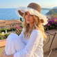 Crochet Sun Hat with Sheer Ruffle Wide Brim and Pearl Trim Detail