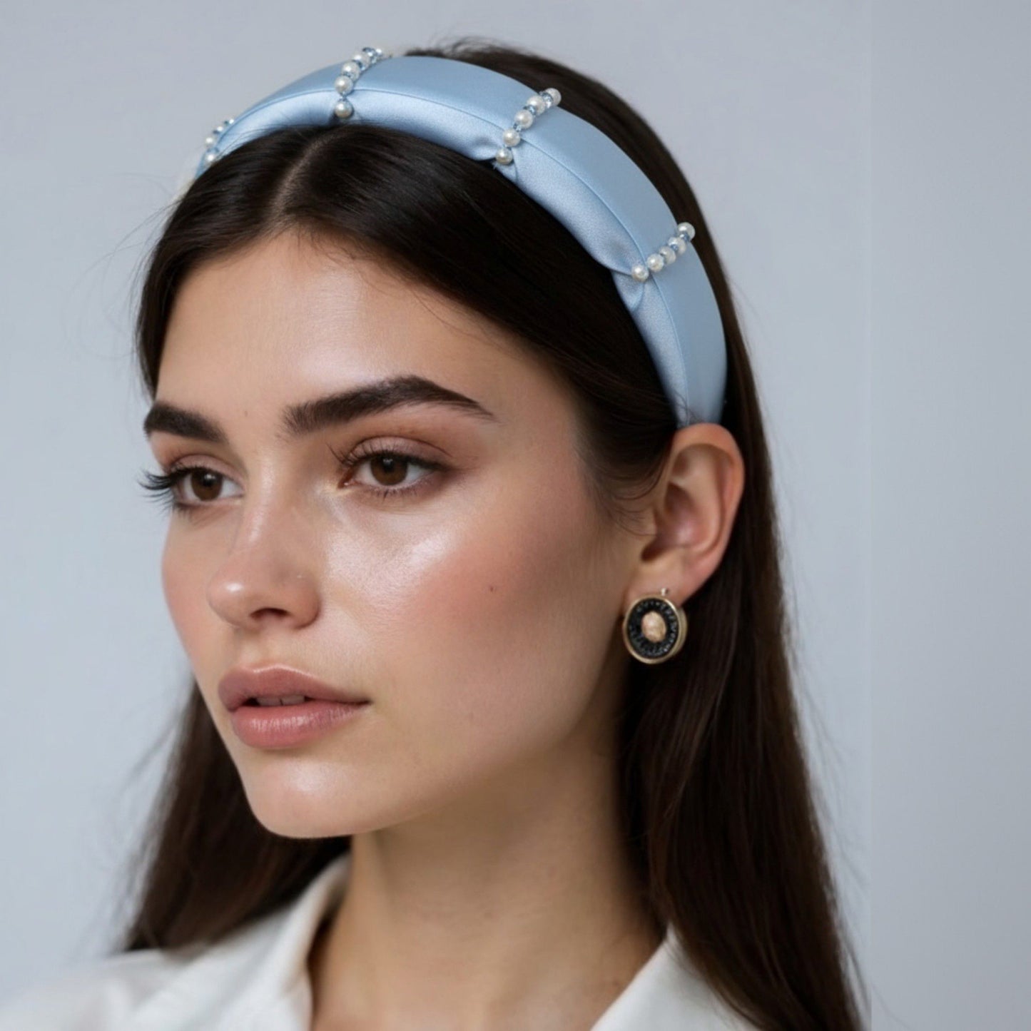 2pcs Women's Padded Satin Fashion Headband with Pearl Design and Crystal Bead Embellishments 6.3x4.7x1.2in