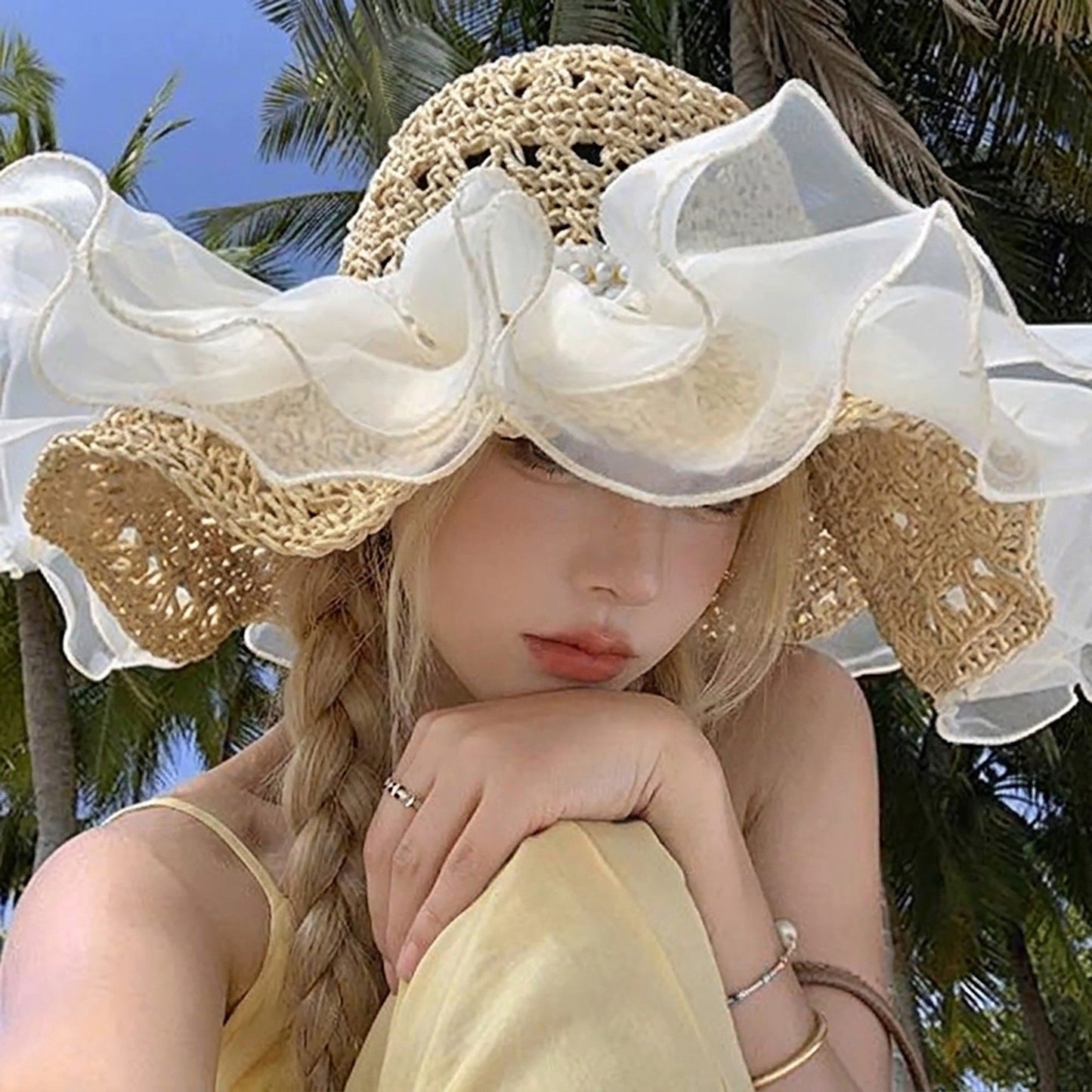 Crochet Sun Hat with Sheer Ruffle Wide Brim and Pearl Trim Detail
